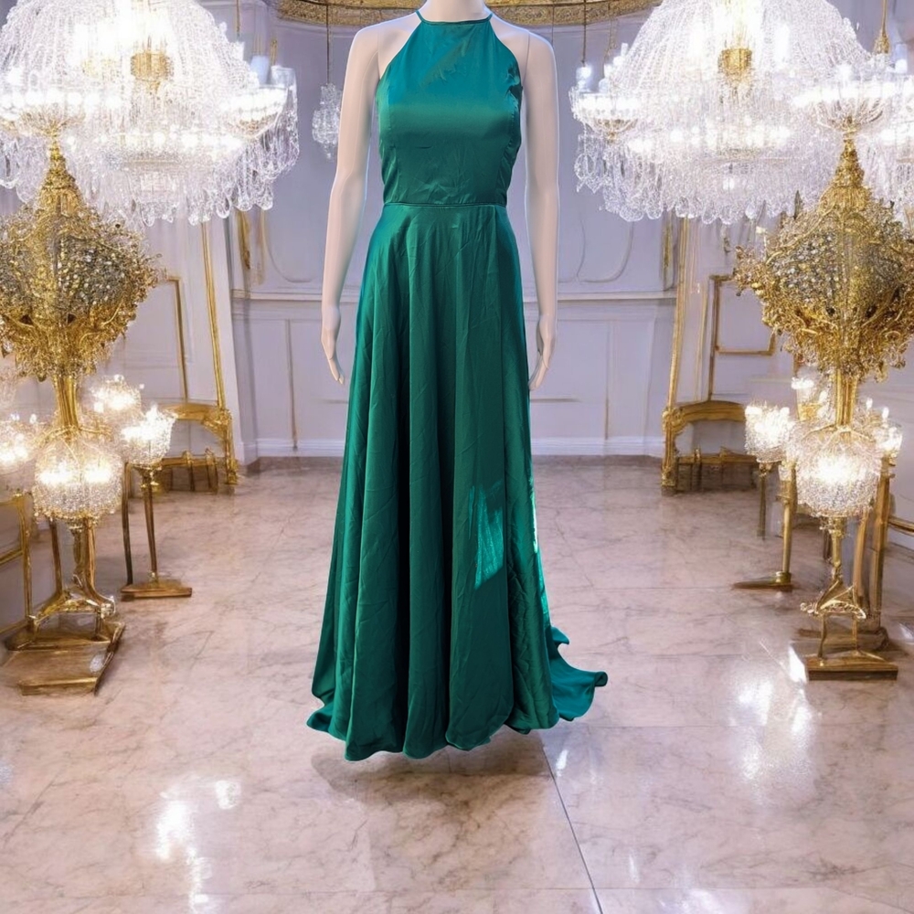 Y2K Vtg Blondie Nites by Stacy Sklar emerald green satin halter neck dress 11 - Picture 3 of 7